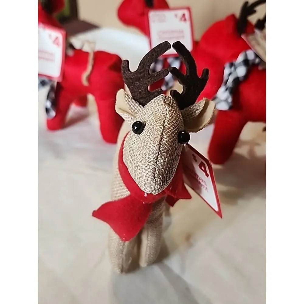 4 Home Style Christmas Reindeer Ornaments Felt Red Burlap Plush 6
